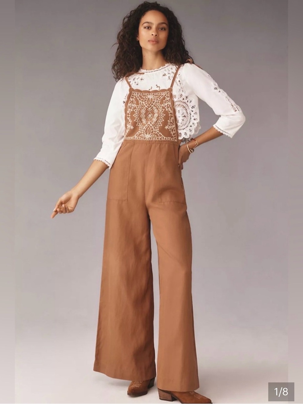 Anthropologie Embroidered Linen Overalls Wide Leg